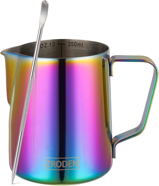 Milk Frothing Pitcher, 12oz Espresso Steaming Pitchers Stainless Steel Cappuccino Coffee Machine Accessories Barista Tools Steam Froth Pitchers Milk Jug Cup with Decorating Pen Latte Art, Rainbow