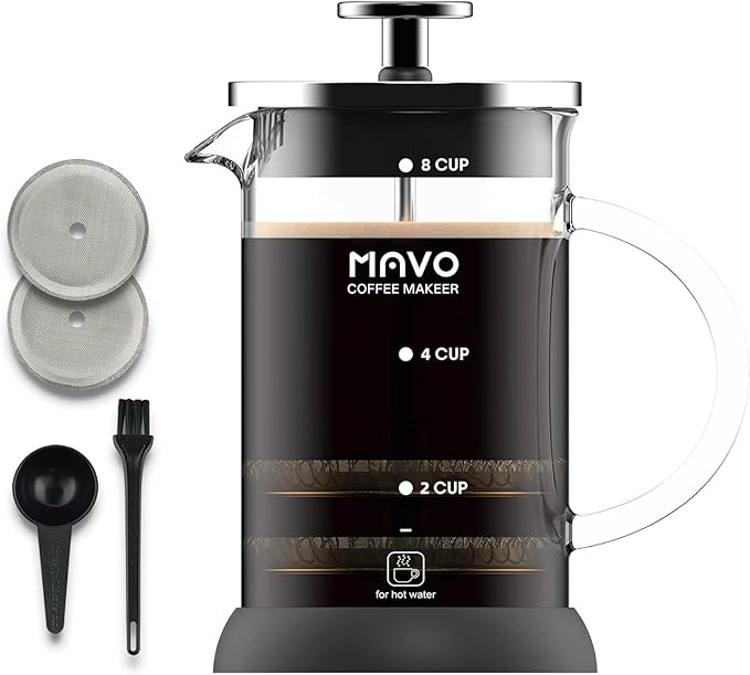 French Press Coffee Maker Stainless Steel Cold Brew Heat Resistant Glass Coffee & Tea Maker with 2 Filter (1000ml/34oz)