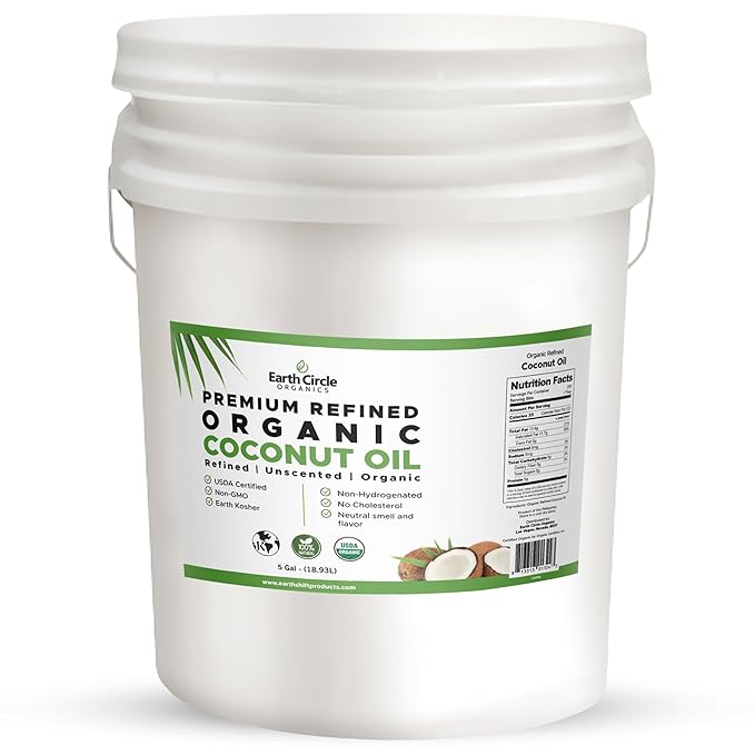 Earth Circle Organics Refined Coconut Oil - Ultra Premium Steam Refined, Keto & Paleo Friendly, Zero Coconut taste or smell - For Skin & Hair Care, Cooking, Deep Frying, Baking & More - Bulk 5 Gallon
