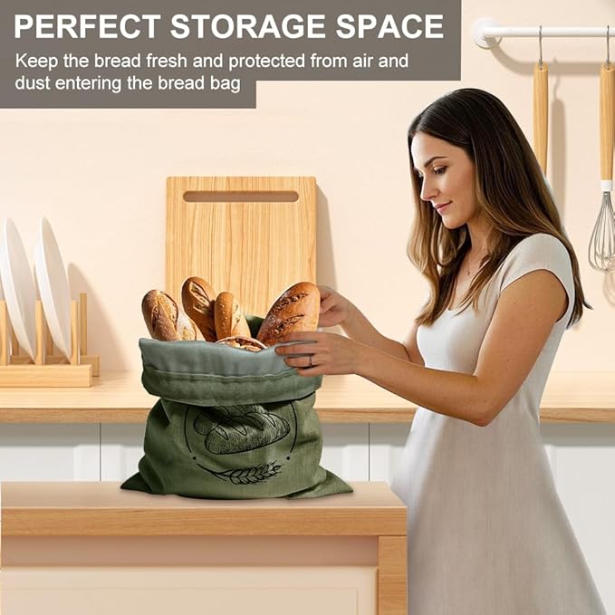 Linen Reusable Bread Bags for Homemade Bread & Sourdough - 2 Pack Breads Bags - 15x12 Inch - Perfect for Baking, Proofing & Fresh Storage - Breads Storage Solution (Green and white)