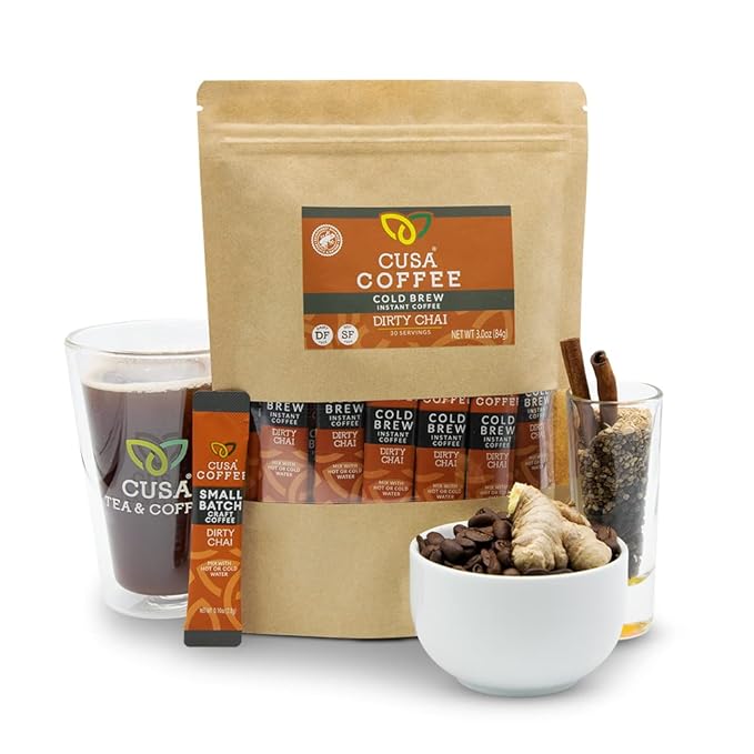 Cusa Tea & Coffee, Dirty Chai Cold Brew. Premium Instant Coffee, Rainforest Alliance Certified Arabica Beans. Drink Mix Packets Ready in Seconds, Makes Hot or Iced Coffee (30 Servings)