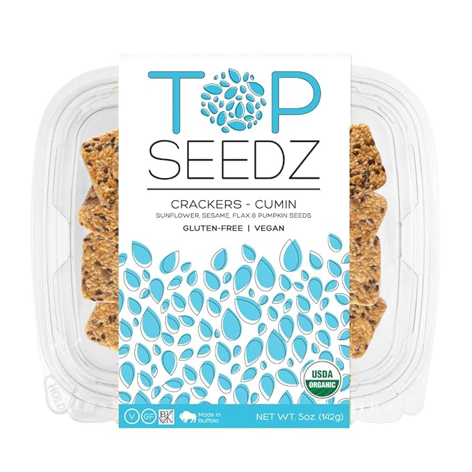 Top Seedz Certified Organic Gluten Free Cumin Seed Crackers | 2-Pack | 5 Ounces | Healthy Vegan Crackers with Plant Based Protein | Made of Sunflower, Flax, Sesame and Pumpkin Seed