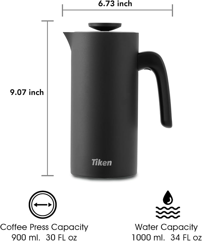 Tiken French Press Coffee Maker Stainless Steel Double-wall Vacuum Insulated Coffee Press Dishwasher Safe, 34Oz Black
