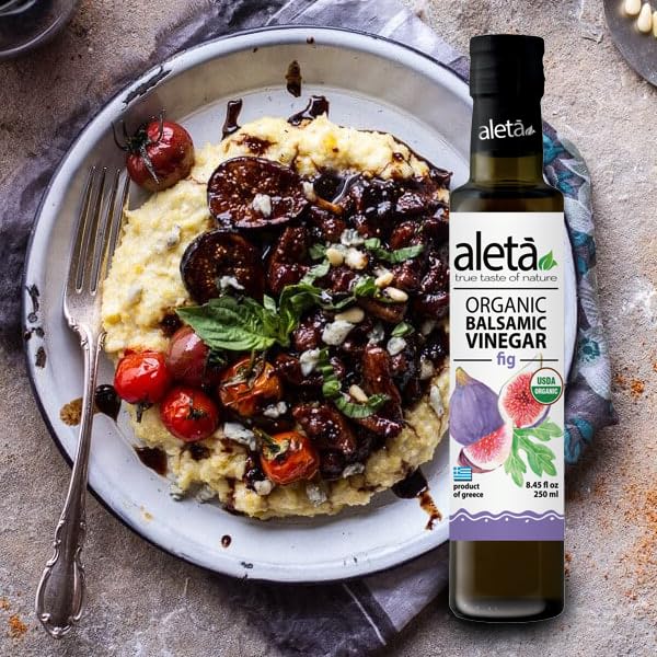 Aleta Farms Fig Balsamic Vinegar, Greek Organic Flavored Vinegar, USDA Organic, Perfect for Salad Dressings, Pasta, Desserts & Cocktails, Naturally Gluten Free, 8.45 fl oz (Fig)