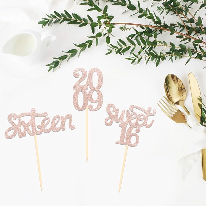 24 Pcs Sweet 16 Rose Gold Glitter Birthday Cupcake Toppers for 16th Birthday Celebrating Party Decorations (Rose gold)