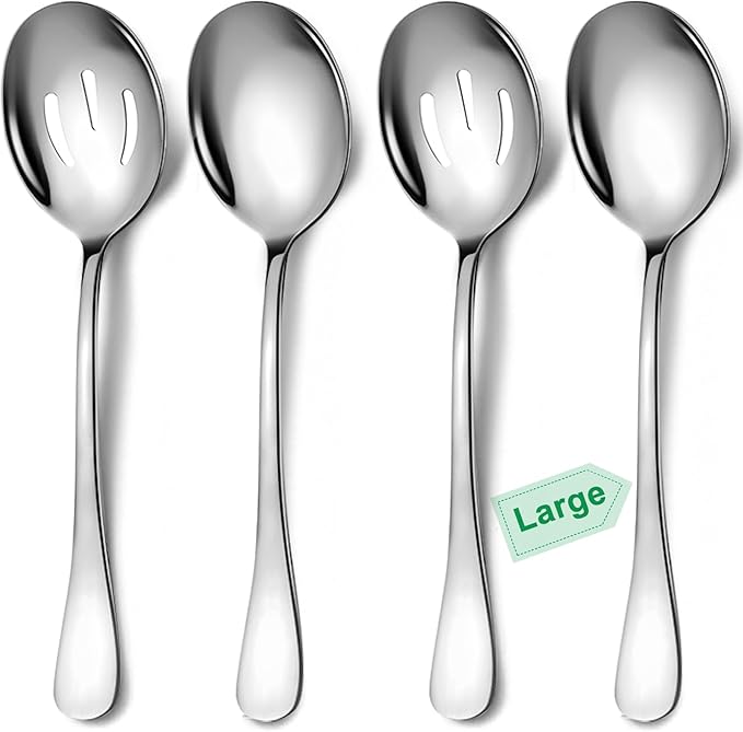 4 Piece Stainless Steel Serving Spoons Set, 10-Inch, Includes 2 Large, 2 Slotted, for Parties/Kitchen/Buffet/Catering, Dishwasher Safe
