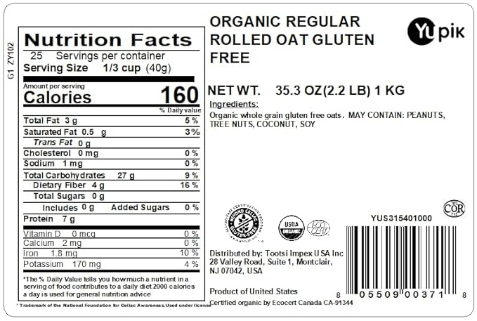 Yupik Organic Regular Rolled Oats, Gluten-Free, 2.2 lb (35.2 oz), Non-GMO, Vegan, Kosher, Steamed, Rolled, and Lightly Toasted Whole Oat Groats, Salt-Free, Good Source of Fiber, For Baking & Topping