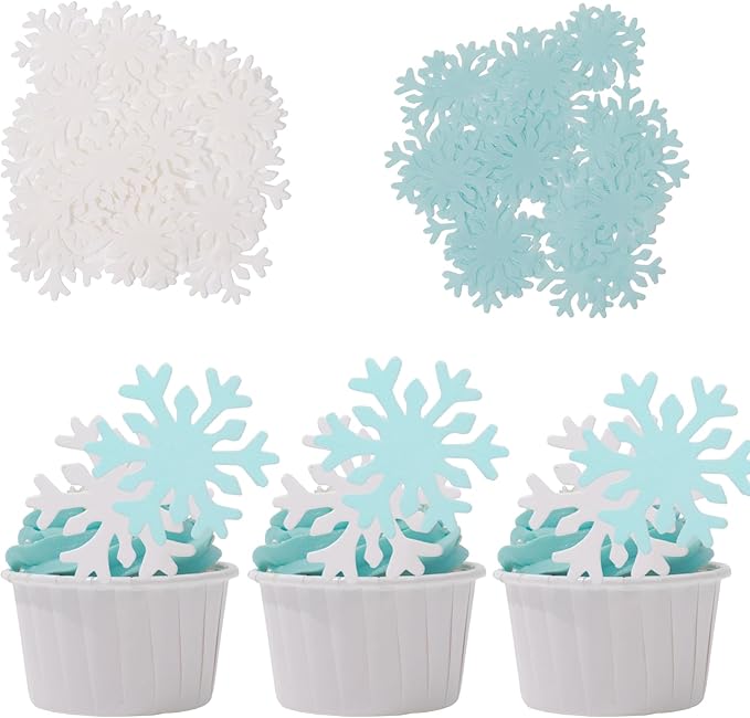 THJ 50PCS Edible Snowflakes Cupcake Toppers Blue&White Snowflakes Frozen Cake Decorations Wafer Paper Snowflake Cake Sprinkles for Christmas Winter Holiday Frozen Theme Party Supplies