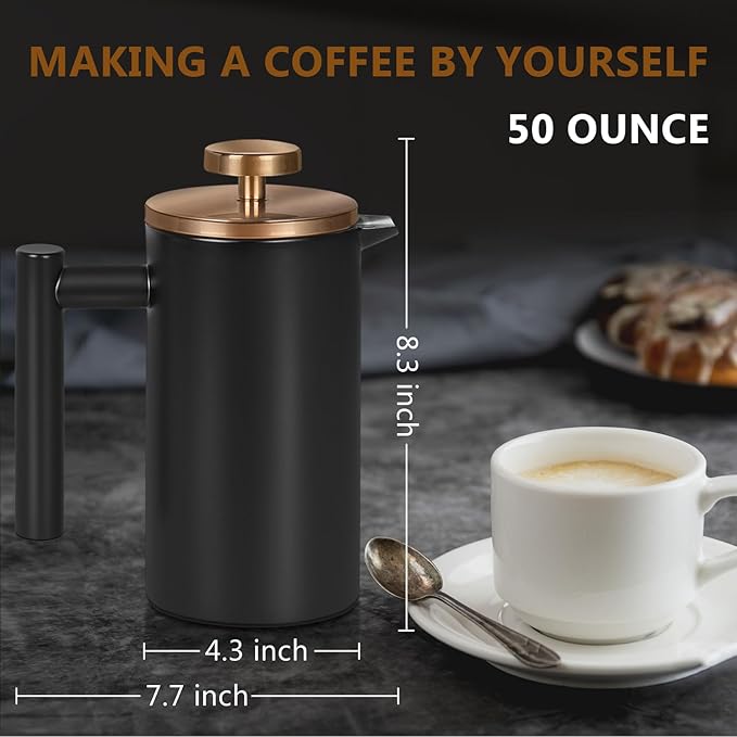 Black Stainless Steel French Press Coffee Maker, Double Wall Insulated French Press,for Coffee&Tea,with 3 Extra Screens and a Coffee Spoon,50oz/1500ml,Gold