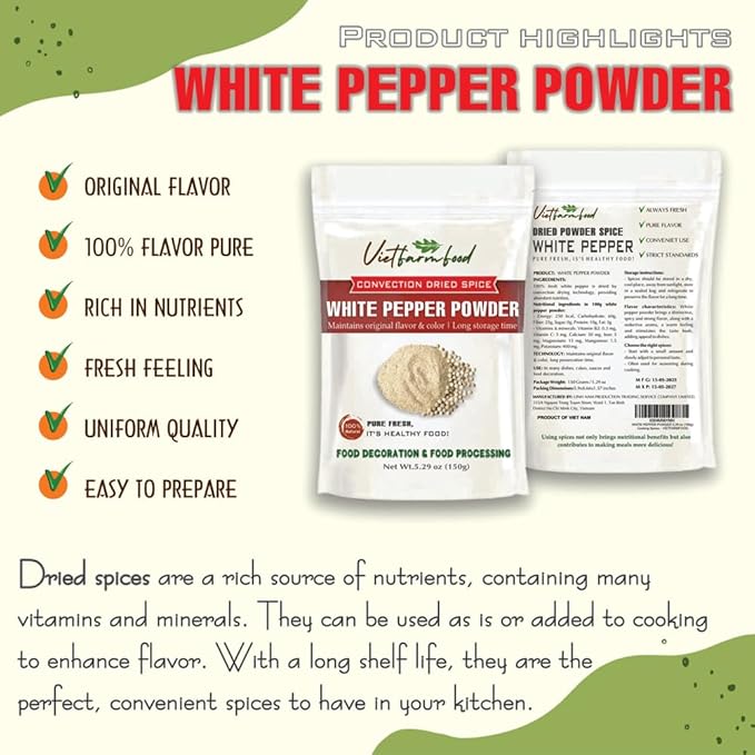WHITE PEPPER POWDER 5.29 Oz (150g) VIETFARMFOOD: Natural pure, convection dried seasoning made from real vegetables - perfect for adding flavor to any meal, from cooking, baking, salads, soups, sauces