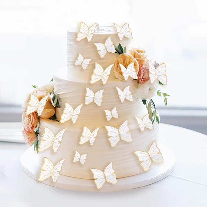 30PCS Butterfly Cake Toppers 3D Gold White Butterfly Cupcake Toppers Birthday Party Cake Decorations Supplies for Anniversary Wedding Party Baby Shower Wall Decor