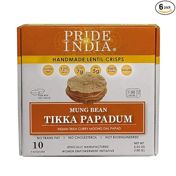 Pride Of India - Tikka Curry Mung Bean Papadum Lentil Crisp, Pack of 6-10 count (3.53oz - 100gm) - Instant Microwaveable Vegan Healthy Crackers | Tastes like Indian Curry Sauce | Mild Spice Level