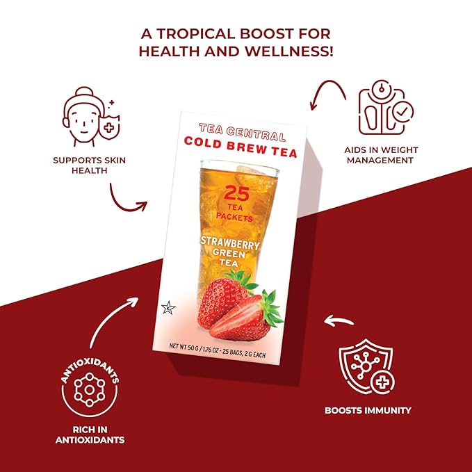 Life Plus Style Gourmet TEA CENTRAL Strawberry Iced Tea with Organic Ceylon Green Tea Natural Refreshing Cold Brew Everyday Wellness Sweet Strawberry Iced Drink 25 Tea Bags