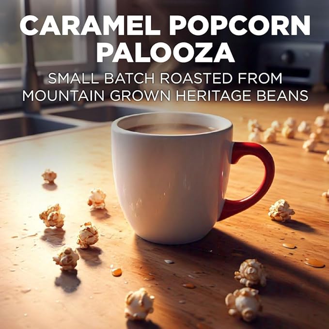 Maud's Caramel Popcorn Flavored Coffee Pods, 18 ct, Medium Roast Flavored Coffee in Recyclable Single Serve Pods – 100% Arabica Beans, Compatible with Keurig K Cups Maker