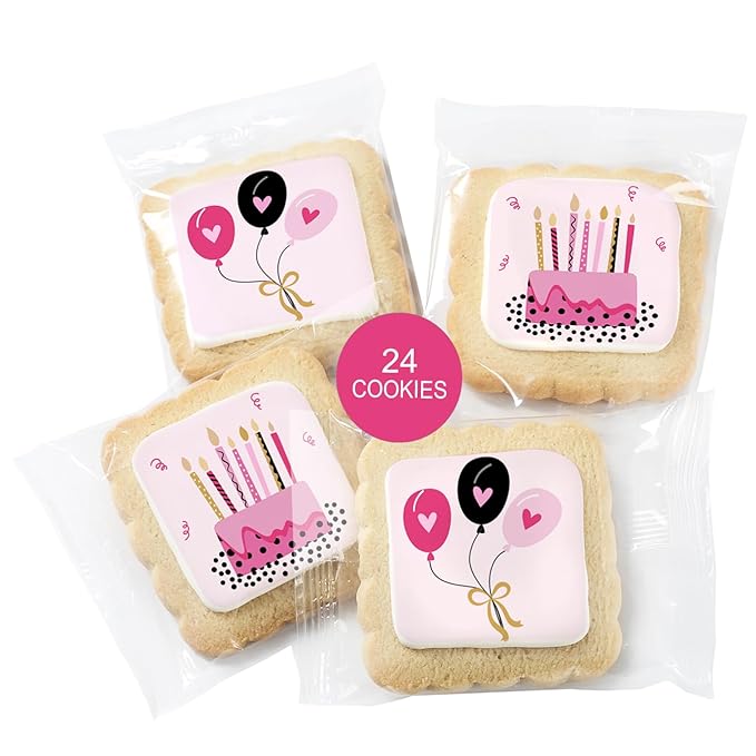Happy Birthday Party Cookies Pink Cake Balloons Individualy Wrapped Printed Cookies 24 Pack Bulk