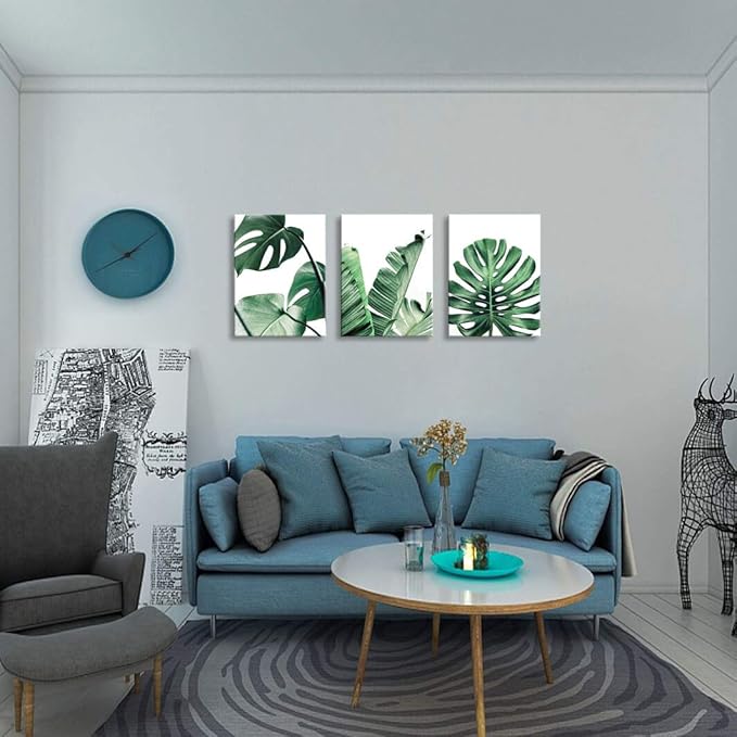 Canvas Wall Art Green Leaf Simple Life Painting Dathroom Wall Decor Monstera Plant 3 Pieces Framed Canvas Pictures Contemporary Watercolor Artwork Ready to Hang for Home Decoration Office Wall Decor