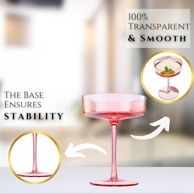 Khen Pastels Colored Vintage Art Deco Coupe Glasses - Martini, Cocktail & Champagne Ribbed Glasses 7oz | Set of 5 | Bright Pastel Crystal Glassware, Goblet Cocktails, Stemmed Ripple Glassware Gifts