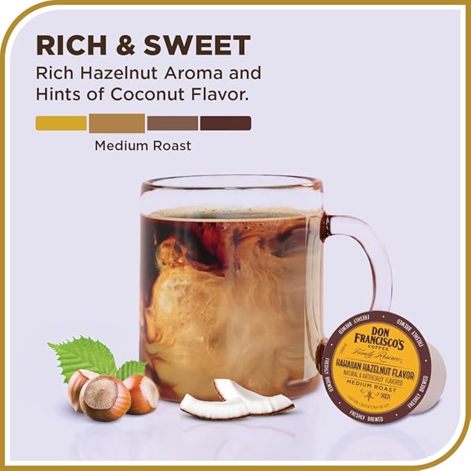 Don Francisco's Hawaiian Hazelnut Flavored Coffee - 12 K-Cup Compatible Single-Serve Pods - 100% Arabica with Coconut Hint - Recyclable through TerraCycle - Compatible with Keurig Brewers