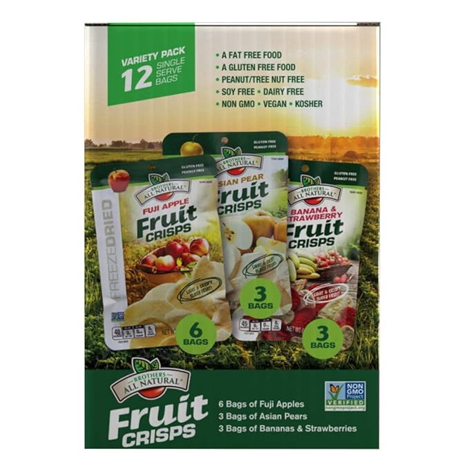 Brothers All Natural Freeze Dried Fruit Crisps, Variety Pack, 24 Single Serve Bags, Fuji Apple, Asian Pear, Banana Strawberry, Made with 100% Fruit, Gluten Free, Soy Free, Vegan, Heathy Snack