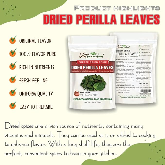 DRIED PERILLA LEAVES 1.76 Oz (50g) VIETFARMFOOD: Pure, natural freeze-dried spice made from real vegetables and fruits - perfect for enhancing every meal, from cooking, baking, salads, soups, sauces
