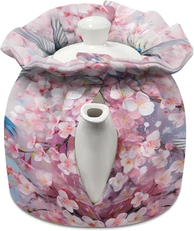 Hummingbird Tea Cozy for Teapot, Insulated, Peach Blossom, Fabric, Soft, Comfortable, Decorative Accessory