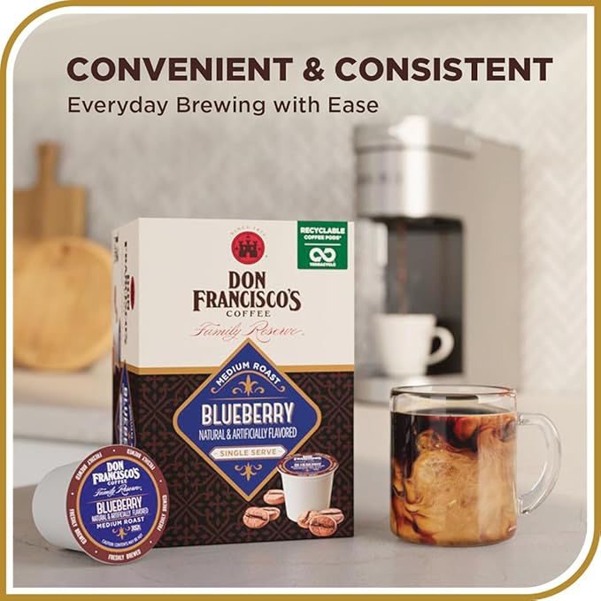 Don Francisco's Blueberry Flavored Coffee - 72 K-Cup Compatible Single-Serve Pods - 100% Arabica - Recyclable through TerraCycle - Smooth, Sweet Berry Flavor - Compatible with Keurig Brewers