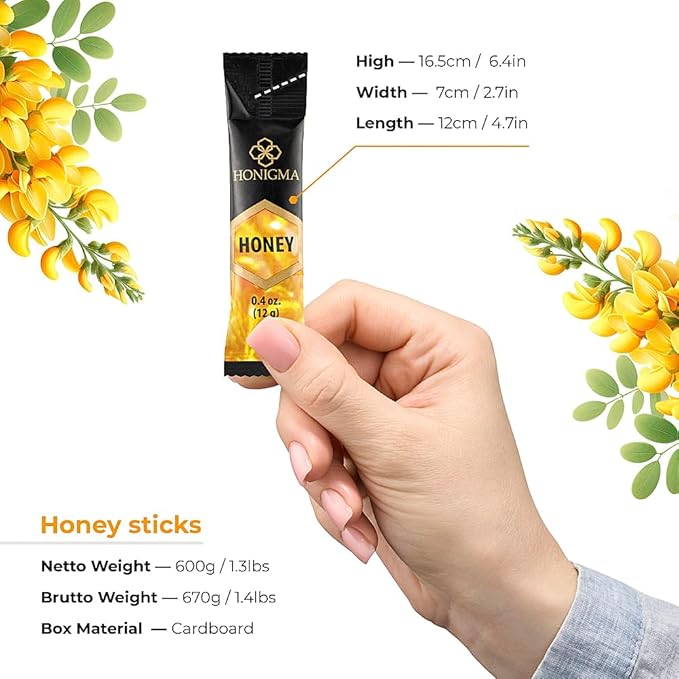 HONIGMA® Pure Ukrainian Acacia Honey Sticks – Deliciously Sweet – Sustainably Sourced – 50 Count (12g Each) – Natural Energy Snack – Bursting with Flavor & Health Benefits (Pack of 2)