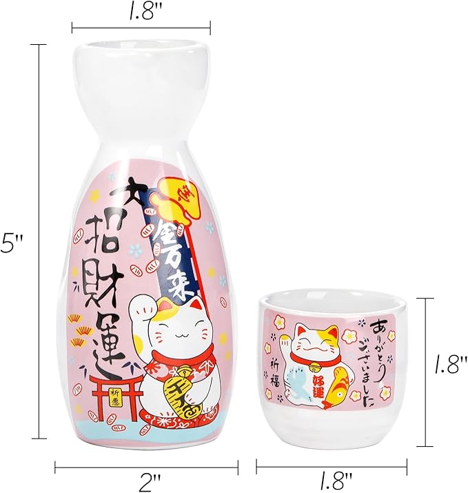 Goaste 5 Pieces Ceramic Japanese Sake Set, Durable Maneki Neko Sake Cups, Handmade Pottery Sake Glasses with 1 Bottle and 4 Cups in Cute Lucky Fortune Cat Pattern for Home Decoration, Gifting