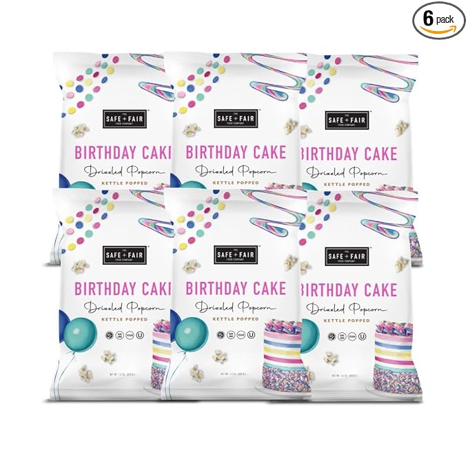 Safe + Fair Birthday Cake Drizzled Popcorn - Gluten-Free, Dairy Free and Vegan Snack - Free From Top 9 Allergens and Artificial Ingredients ??Non GMO, Plant Based Kettle Popped Corn, 5.5oz, 6 Pack