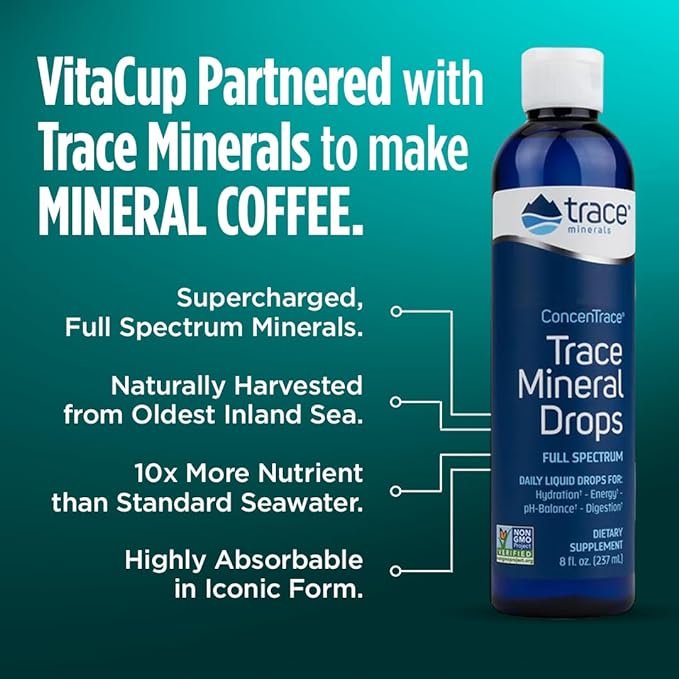 VitaCup Mineral Coffee Pods with Trace Minerals, Hydrate, Replenish & Restore, w/Sea Minerals, Electrolytes, Organic Coffee, Medium Dark Roast, Single Serve Pod Compatible w/Keurig K-Cup Brewers,16 Ct