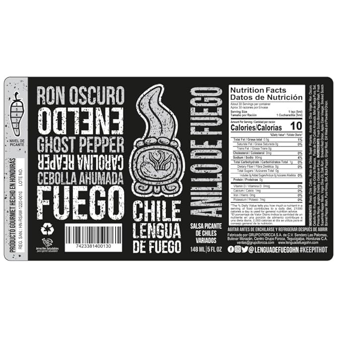 Hot Sauce | Chile Lengua de Fuego (Pack of 1, Anillo de Fuego) – Ultra-Hot Carolina Reaper Sauce with Honey, Rum, Dill & Garlic