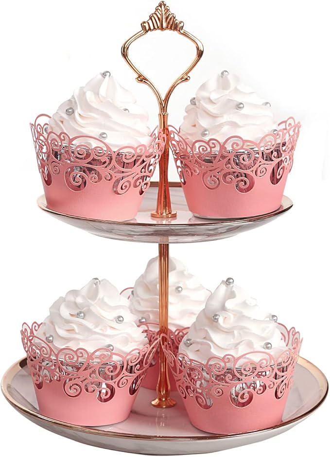 Cupcake Wrappers, KPOSIYA 50 Pack Cupcake Wraps Filigree Artistic Bake Cake Paper Cup Little Vine Laser Cut Liner Baking Cups Muffin Case Trays for Wedding Party Birthday Decoration (50, Pink)