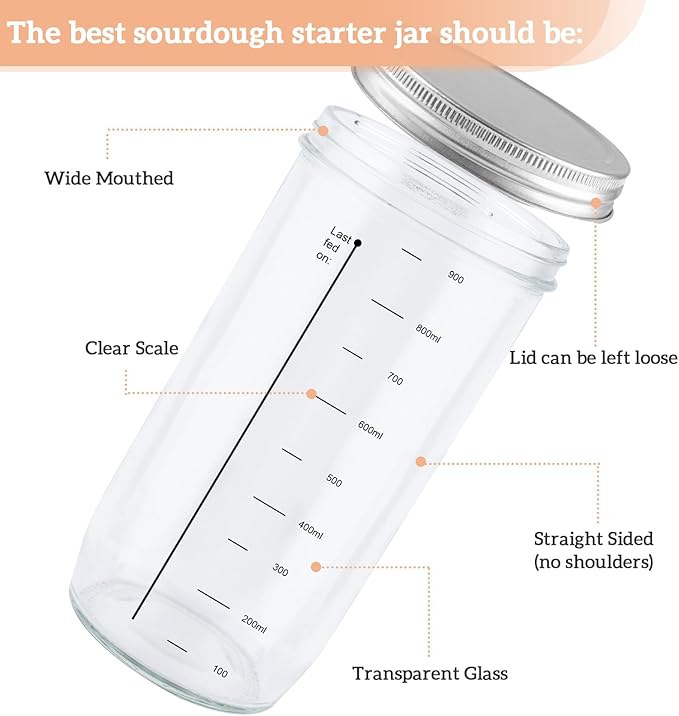 Sourdough Starter Jar, 2 Pack 35 oz Sourdough Starter Kit with Thermometer, Feeding Date Band, Scraper, Cloth Cover, and Metal Lid. Sourdough Baking (Orange)