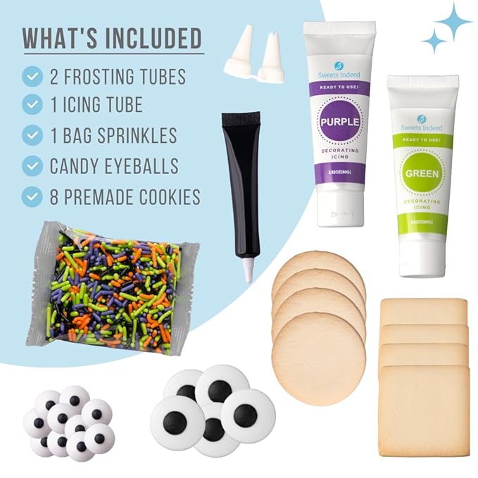 Sweets Indeed Monster Cookie Decorating Kit ??14.59 oz Halloween Cookie Kit with 8 Cookies, 2 Frosting Tubes, 1 Icing Tube, Sprinkles & Candy Eyeballs ??DIY Halloween Decorating Set for Kids & Families