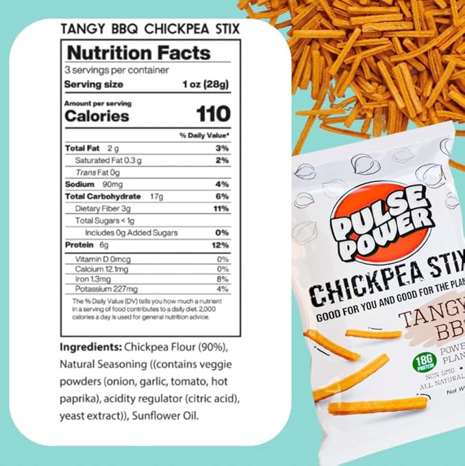 Pulse Power Chickpea Stix - Crunchy Snacks, High Protein, Gluten Free, Non-GMO, Vegan (3 pack, 3 oz) (Tangy BBQ)