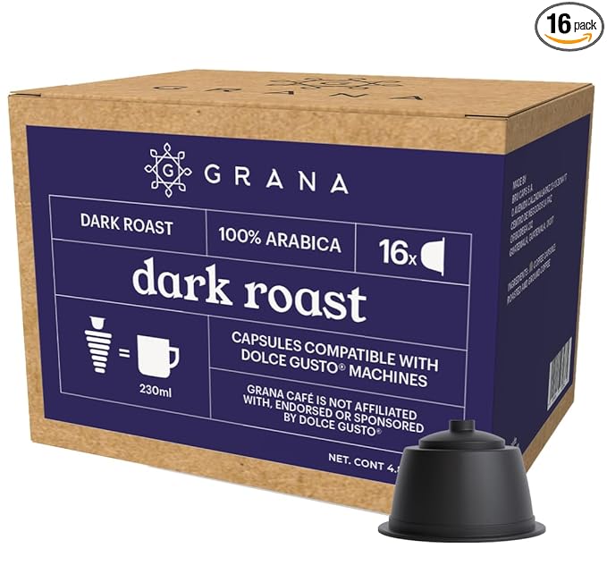 GRANA Dark Roast 16 Capsules Compatible with Nescafe Dolce Gusto - 16 Count - 100% Arabica, Single Source, Clean Coffee Pods