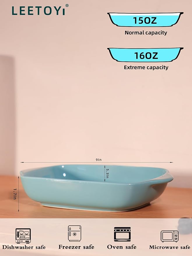LEETOYI Ceramic Small Baking Dish, Porcelain 2-Piece Rectangular Bakeware with Double Handle, Baking Pans for Cooking and Cake Dinner 7.5"×5 (Turquoise)