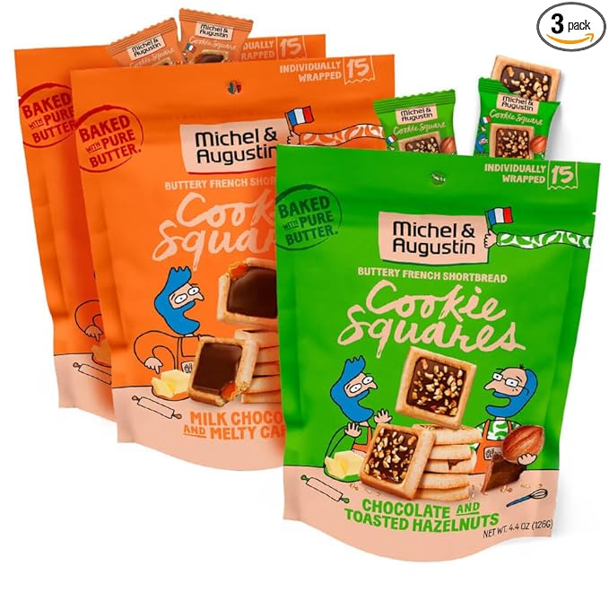 Michel et Augustin Cookie Bag Variety Pack 2 Flavor ??Milk Chocolate & Caramel + Milk Chocolate & Hazelnut, 15 Cookies per Bag
