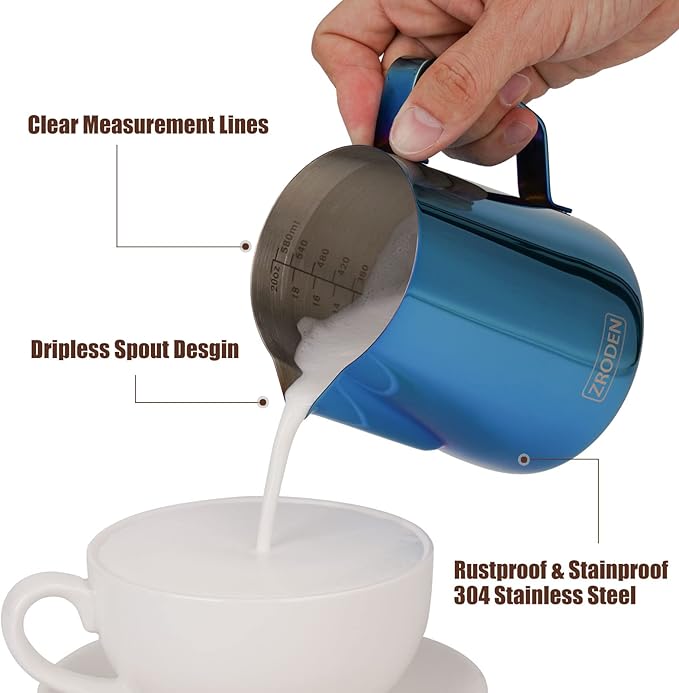 Milk Frothing Pitcher, 20oz Espresso Steaming Pitchers Stainless Steel Cappuccino Coffee Machine Accessories Barista Tools Steam Froth Pitchers Milk Jug Cup with Decorating Pen Latte Art, Blue