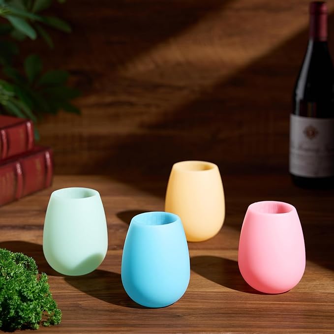 Silicone Wine Glasses – Set of 4 Pastel Colors, 12 oz – Break-Resistant, Flexible & Shatterproof Cups for Wine, Cocktails, or Outdoor Use – Reusable Stemless Glassware
