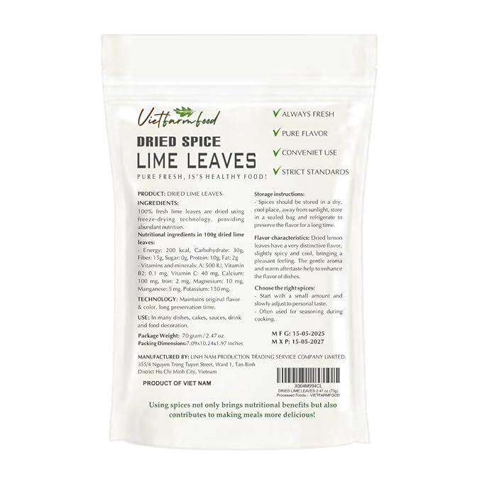 DRIED LIME LEAVES 2.47 Oz (70g) VIETFARMFOOD: Pure, natural freeze-dried spice made from real vegetables and fruits - perfect for enhancing every meal, from cooking, baking, salads, soups, sauces