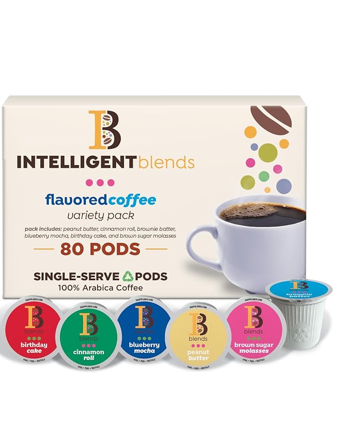 Intelligent Blends Flavored Coffee Pods Variety Pack, 80 ct, 6 Assorted Flavors, Recyclable Single Serve Pods – 100% Arabica Coffee, Compatible with Keurig K Cups Maker