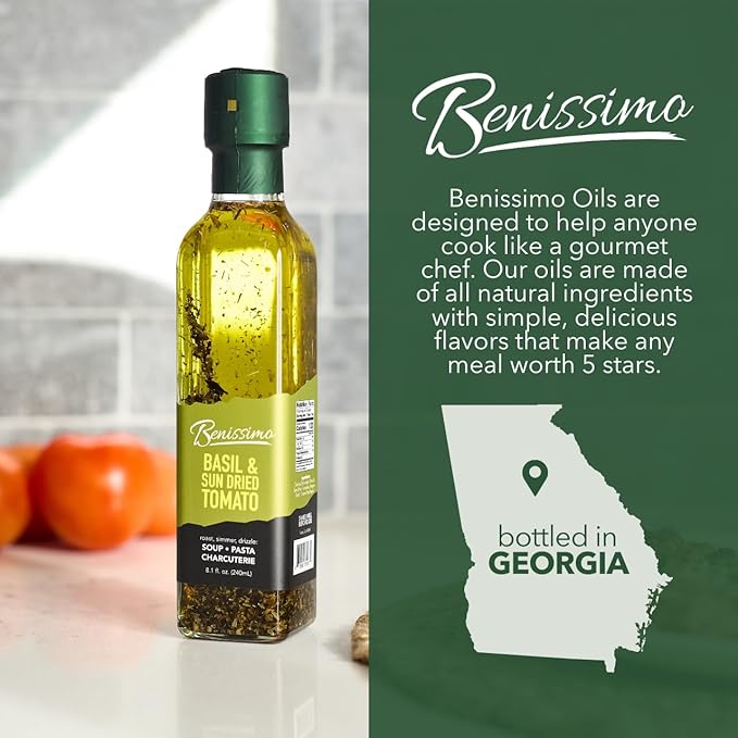 Benissimo Basil and Sun Dried Tomato Herb Infused Oil, All Natural Gourmet Cooking Oil with Garden-Fresh Herbs, Ideal for Dipping, Sautéing, Drizzling, 8.1 fl oz