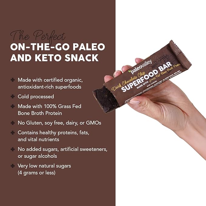 Paleovalley Superfood Bars ??Dark Chocolate Chip??10 Pack ??9g Protein per Bar ??Gluten-Free, Grain-Free, Paleo, Non-GMO ??On-the-Go Snack