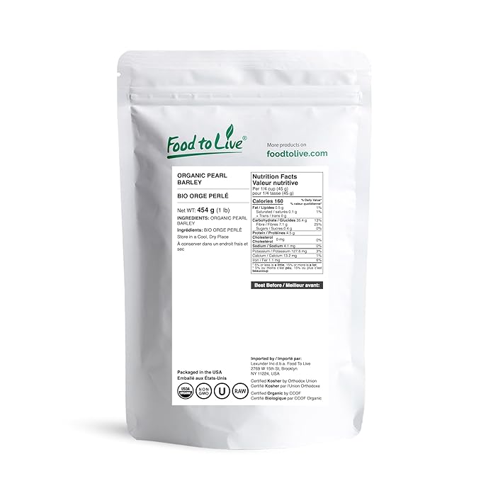 Food to Live Organic Pearl Barley, 1 Pound ??Non-GMO, Polished Unhulled Barley, Kosher, Vegan, Bulk. Cooks Faster than Hulled Barley. Rich in Fiber, Selenium. Great for Hot Cereal, Salads, Stews