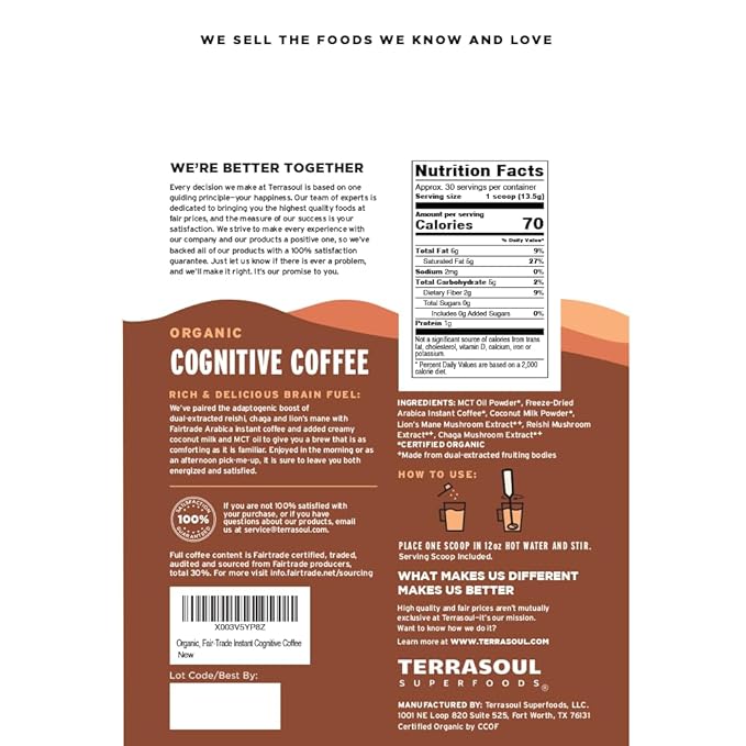 Terrasoul Superfoods Organic Cognitive Mushroom Coffee, 30 Servings, 14.29 Oz, Energize Your Morning and Boost Focus with Powerful Mushrooms, Compare to Ryze Mushroom Coffee