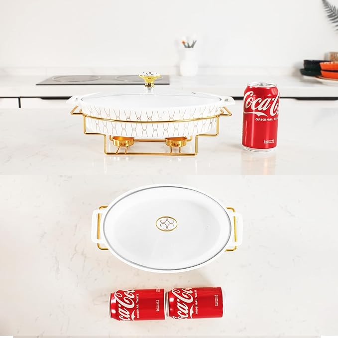 10" x 7" Ceramic Oval Casserole Dish with Glass Lid and Gold rack, 30 ounce Serving Soup Tureen,Chafing Dish for Buffet, Family Food preserve Tray, Catering Casserole for Party Style