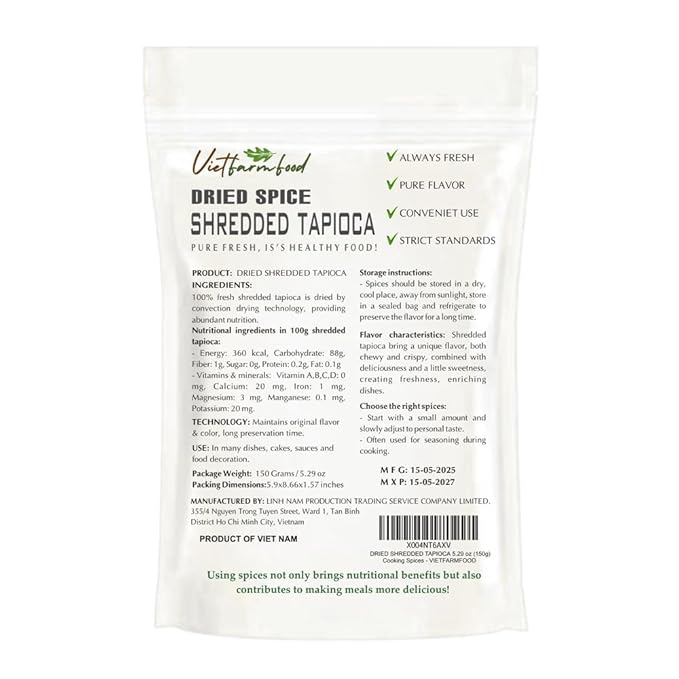 DRIED SHREDDED TAPIOCA 5.29 Oz (150g) VIETFARMFOOD: Natural pure, convection dried seasoning made from real vegetables - perfect for adding flavor to any meal, from cooking, baking, soups, sauces
