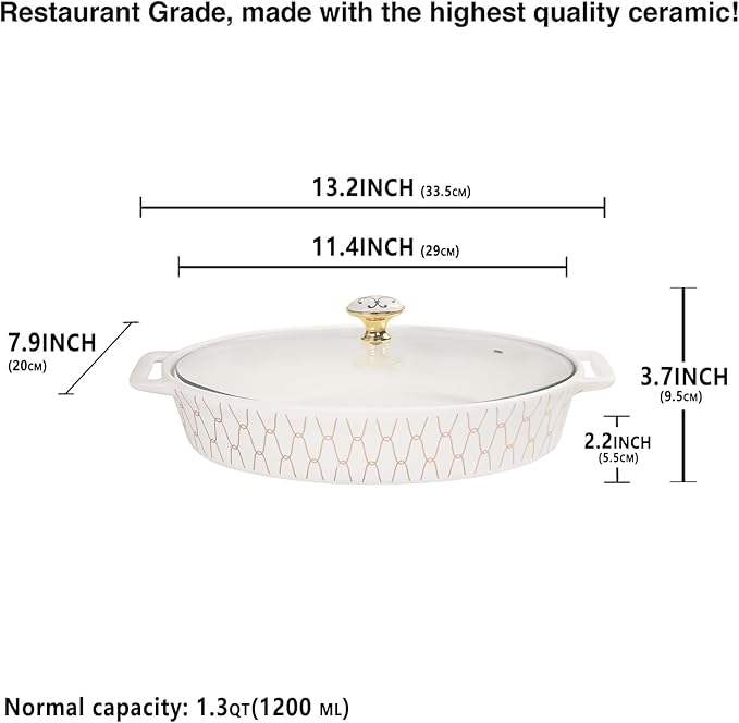 insongdafa 11" x 7.5" Ceramic Oval Casserole Dish with Glass Lid, 1.3 QT Serving Soup Tureen,Chafing Dish for Buffet, Family Food preserve Tray, Catering Casserole for Party Style