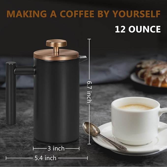 Black Mini French Press Coffee Maker 12oz, Single Cup French Press with Rose Gold Lid, 3 Extra Filters & 1 Gold Spoon(350ml Compact Travel Size) Dishwasher Safe